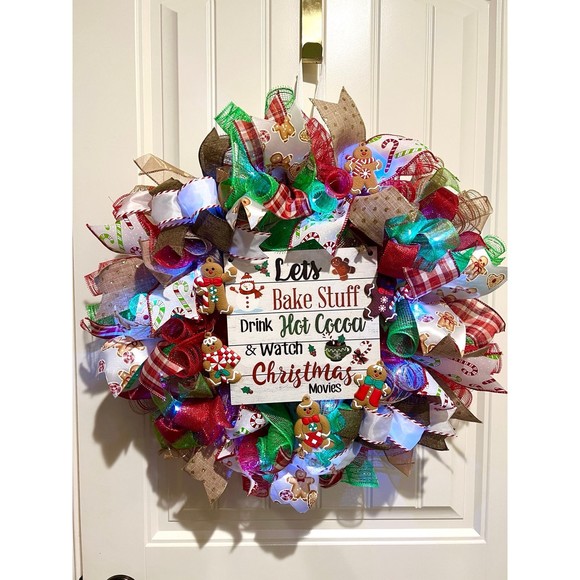 Christmas Gingerbread Man Holiday Ribbon Door Wreath Handmade 22 ins LED W5 - Picture 3 of 10